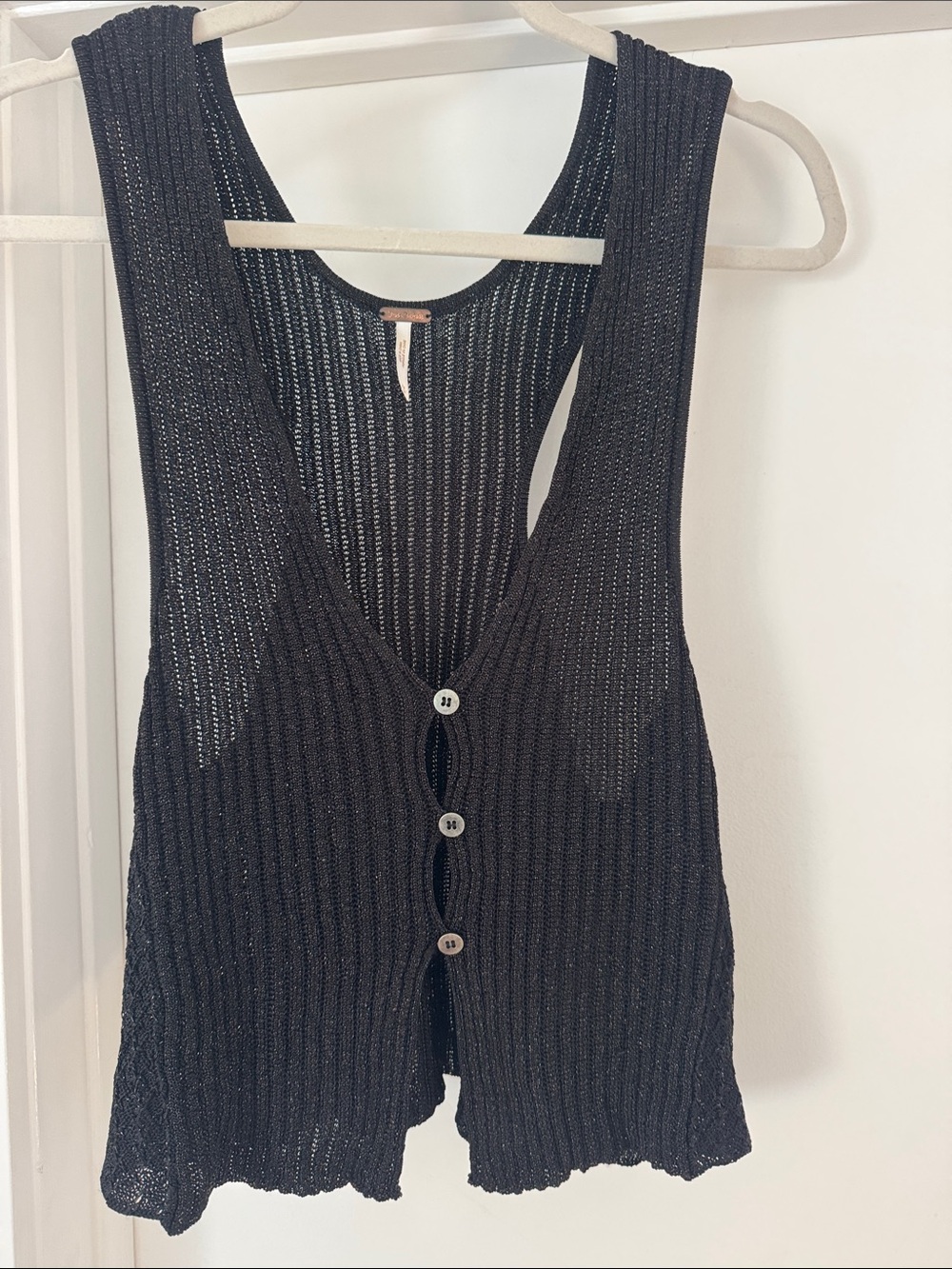 Free people Sleeveless Ribbed Button-Front metallic Knit Top - Black